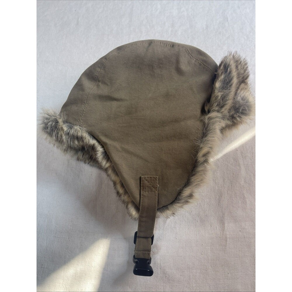 Timberland EUC Canvas Trapper Hat Tan Brown Faux Fur Aviator Winter Bomber Cap - Picture 8 of 9